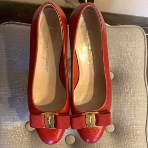 Red leather short-heeled feragamos